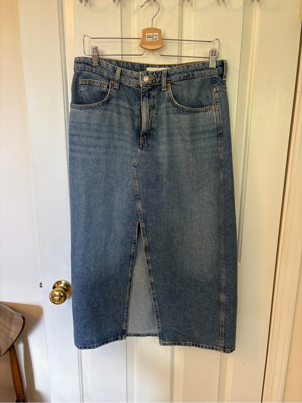 Mango Blue Straight-Leg Denim Midi Skirt with Center Slit